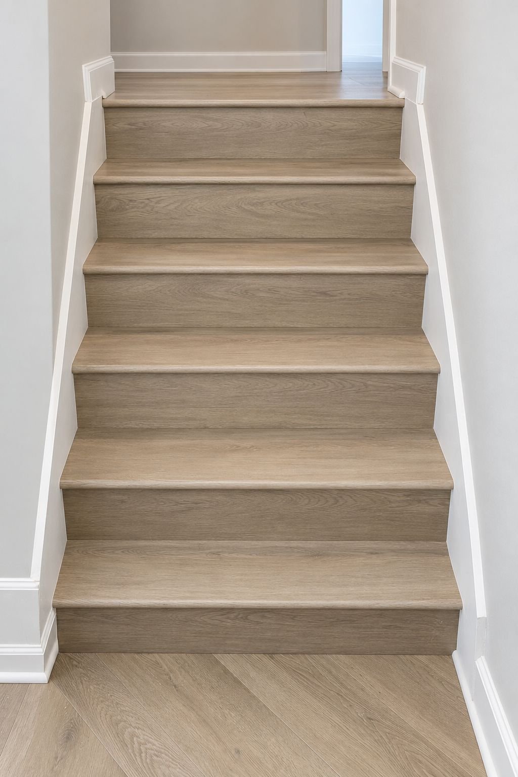 Staircase with light oak wood-look treads and risers between white walls and baseboards